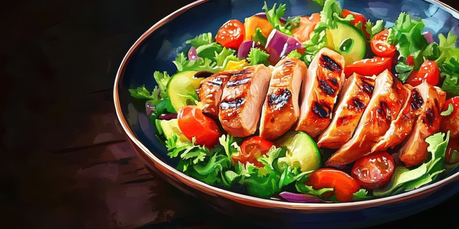 Grilled chicken salad with fresh vegetables served in a colorful bowl on a dark wooden surface